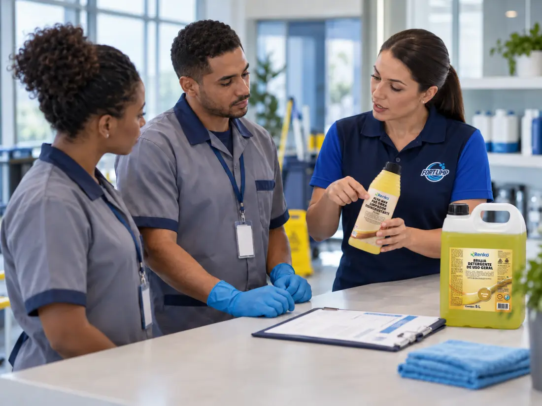 Profissional da FortLimp orientando uma equipe sobre produtos de limpeza