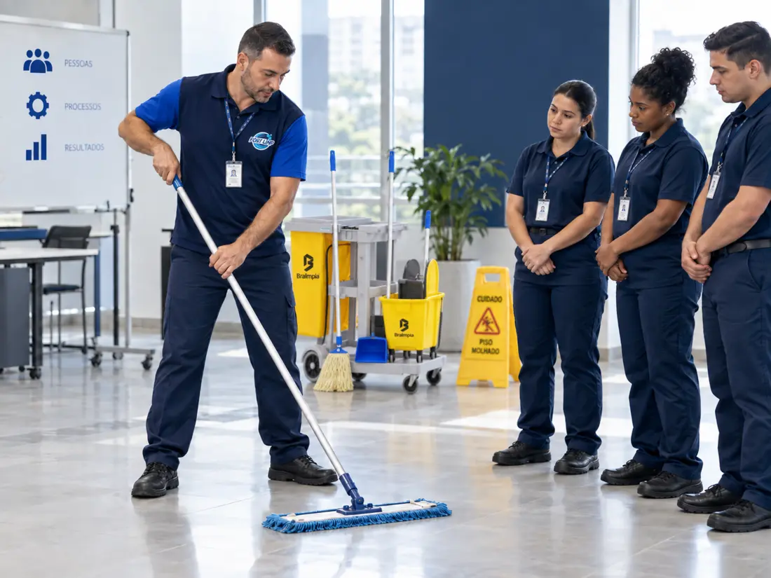 Instrutor da FortLimp demonstrando o uso do mop para uma equipe